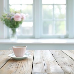 Obraz premium Cozy Cottagecore Vibes - Rustic Wooden Table Setting with Vintage Teacups and Homely Charm