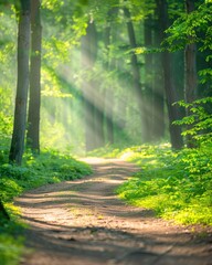Obraz premium Enchanting Sunlit Forest Path in a Cozy Cottagecore Setting, Embraced by Nature's Beauty