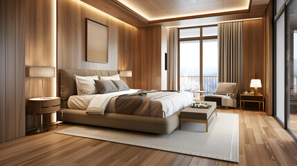 Contemporary Modern Bedroom Interior Design with Stylish Furnishings and Relaxing Atmosphere, A room featuring a generously-sized bed and a nightstand positioned alongside it,3d rendering luxury 