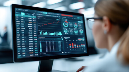 A financial analyst examining comprehensive data and charts on a large monitor, illustrating the use of advanced technology and analytics in finance and investment.