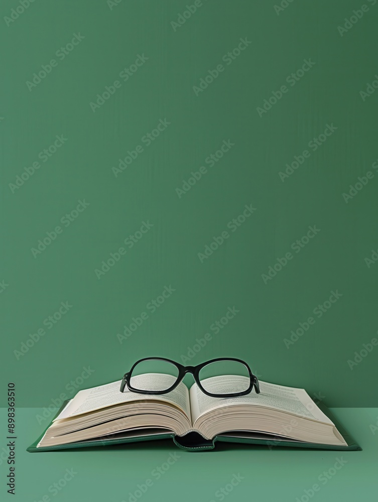 Leinwandbilder An open book lies on a green surface with a pair of eyeglasses resting on top of it. Generative AI