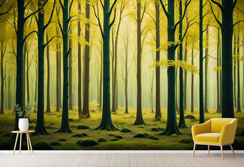 interior mural wallpaper featuring dark green golden forest trees wildlife high details high definition vibrant