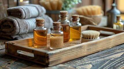 A tray of spa essentials, including oils and towels, symbolizing relaxation and rejuvenation