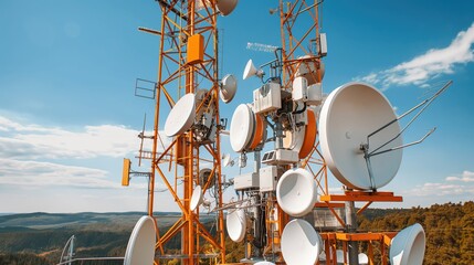 Multiple telecommunications towers with various antennas and dishes on a clear day with a landscape in the background.