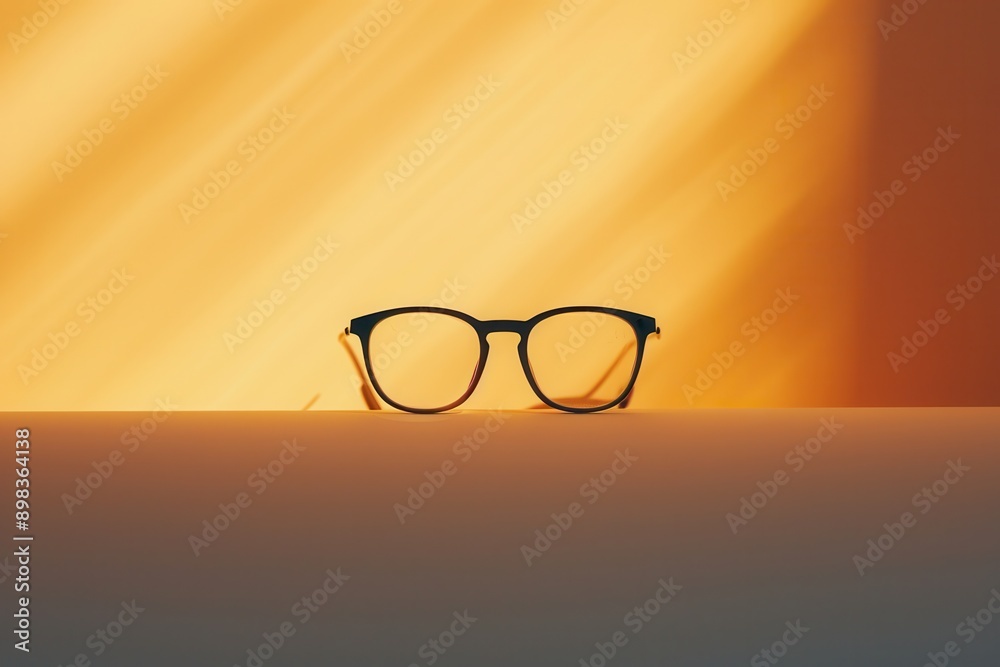 Poster eyeglasses with black frames resting on a white surface, with a yellow background. generative ai