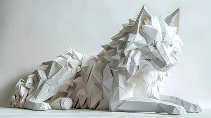 3D origami image of a dog on a white background, very artistic fashion