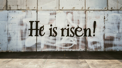 The inscription "He is risen!" on a concrete white wall. For Easter Christian religious publications and greetings