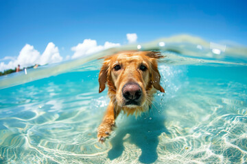 Golden retriever dog swimming underwater in a clear crystal water beach.
