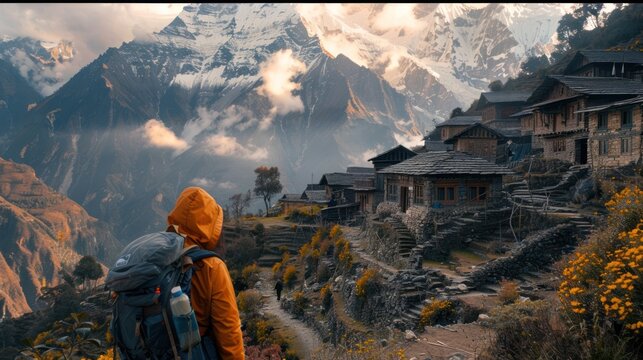 A solo traveler exploring a mountain village, interacting with locals and learning about their culture