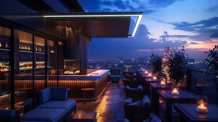 modern villa with a beautiful view, a large terrace with a bar with led lighting. Generated by AI