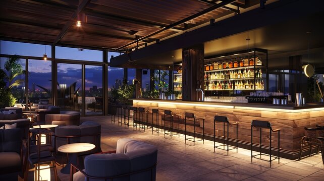 modern villa with a beautiful view, a large terrace with a bar with led lighting. Generated by AI