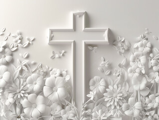 White background with cross and flowers with space for text. For Christian religious publications