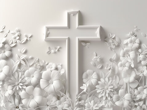 White background with cross and flowers with space for text. For Christian religious publications