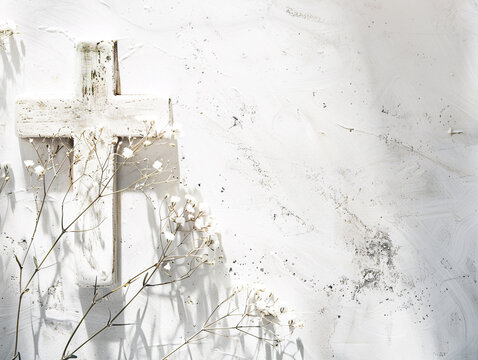 White background with cross and flowers with space for text. For Christian religious publications