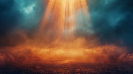 Naklejka premium A vast, open space with a gradient of colors transitioning from a deep blue at the top to a warm orange at the bottom. Two beams of light, almost parallel, shine down from the top