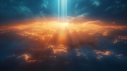 Obraz premium A vast, open space with a gradient of colors transitioning from a deep blue at the top to a warm orange at the bottom. Two beams of light, almost parallel, shine down from the top