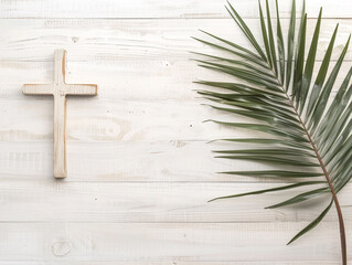 Background with cross and palm branch with space for text. For Christian religious publications of Palm Sunday