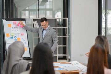 Group of Asian business men and women sitting and looking at documents at the office.