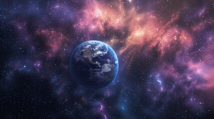 Fototapeta premium A vast expanse of space filled with countless stars, nebulae, and cosmic dust. Dominating the scene is a planet, possibly Earth, with visible continents and oceans
