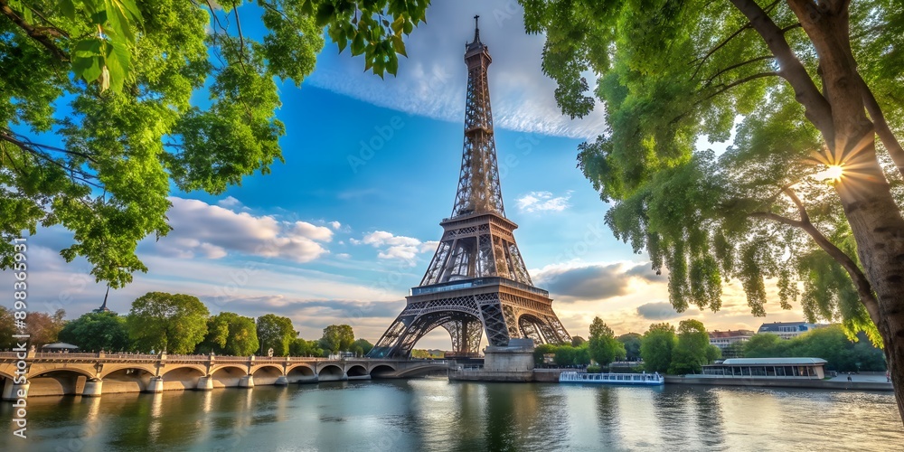 Wall mural eiffel tower seen from the other side of the seine river between trees ai-created content