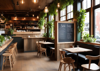 Fototapeta premium Cozy and inviting café interior with rustic wooden furniture and large windows allowing natural light to flood the space. The café features wooden tables and chairs, a row of high stools along the win