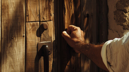 Hand knocking on a wooden door. Gospel illustration of the scripture: "Behold, I stand at the door and knock."