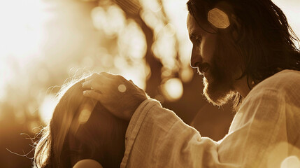 Jesus Christ Blesses and Heals a Woman. Gospel Preaching. For Christian Religious Church Publications