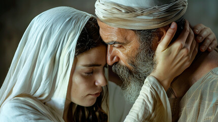 Couple man and woman Biblical ancient times, peoples of the Middle East. Joseph and Mary. For religious church publications