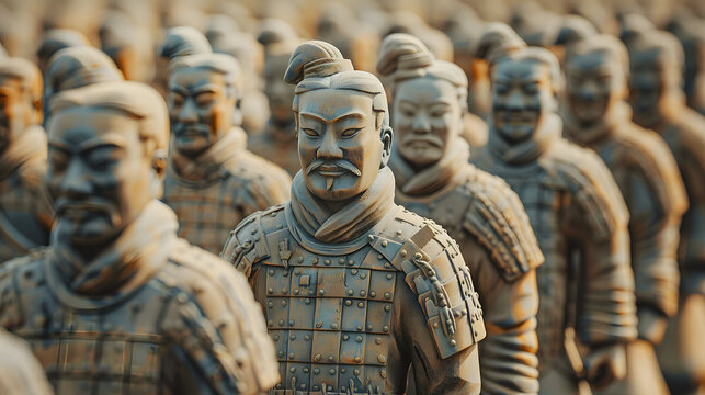 A group of statues of warriors stand in a line