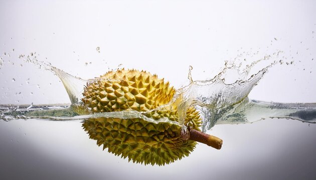 Durian tuffata in acqua chiara e luminosa. Elementi estratti dalla frutta per la bellezza e la salute della pelle e del corpo. Le vitamine del durian. Durian e bellezza. Frutta e benessere.
