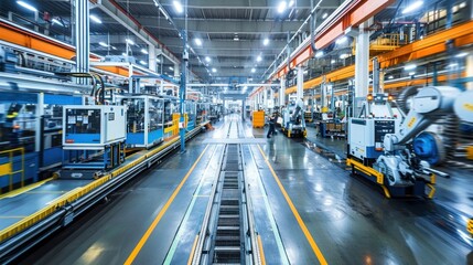 A large factory floor with automated machinery in operation, symbolizing modern manufacturing efficiency