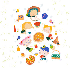 Fototapeta premium Happy children having picnic at the lawn. Hello summer. Vector illustration