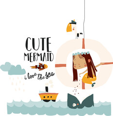 Cartoon little mermaid feeding fish in blue sea. Vector illustration