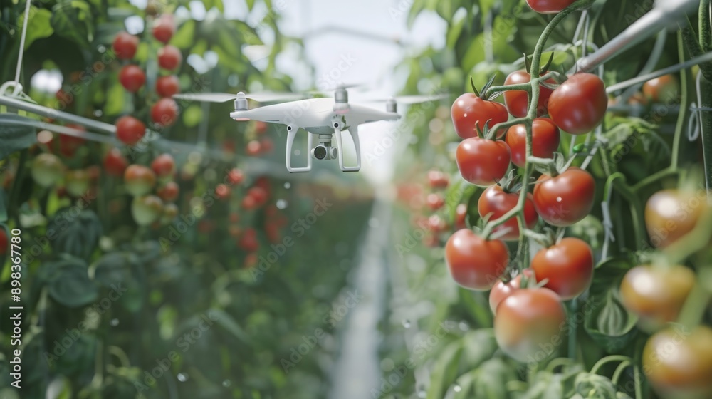 Poster A drone flies through a greenhouse filled with rows of ripe tomatoes, capturing the scene with its camera.