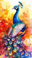 Majestic Peacock: Watercolor Painting of an Elegant Bird with Detailed Plumage and Rich Colors