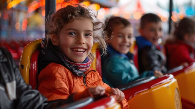 A family visiting a theme park, having fun on rides and attractions