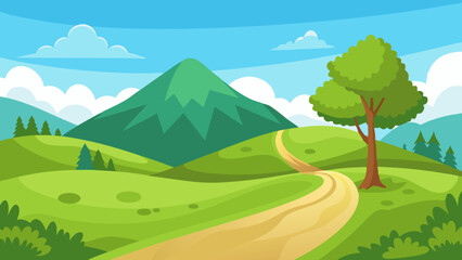 Beautiful nature landscape with green grass,  hill, trees, and footpath vector illustration 