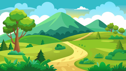 Beautiful nature landscape with green grass,  hill, trees, and footpath vector illustration 