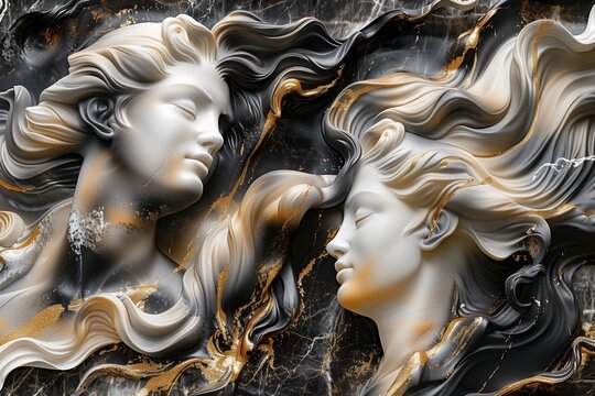 Women with long bas-relief of swirling biege black and gold marble background. Virgo zodiac sign, goddess Venus ,  Virgin, Gemini, The twins, twins, wall art decoration, wallpaper 