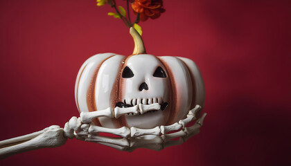 skelett, hand, hält, haltend, kürbis, halloween, weiß, rot, neu, copyspace, close up, surreal, jack, o', lampe, 3d, rosales, boho, solid, clean, minimal, style, minimalismus, kreativ, kunst, design, 1