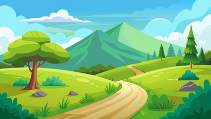Fototapeta premium Beautiful nature landscape with green grass, hill, trees, and footpath vector illustration 