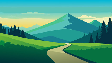 Beautiful nature landscape with green grass,  hill, trees, and footpath vector illustration  © Sumondesigner_42