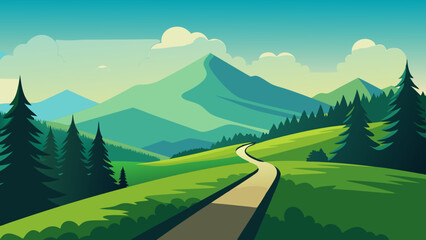 Beautiful nature landscape with green grass,  hill, trees, and footpath vector illustration  © Sumondesigner_42