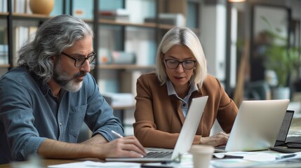 Two busy colleagues working together talking using laptop in office. Middle aged female manager and man discussing business plan at office meeting, ollaborating on a project