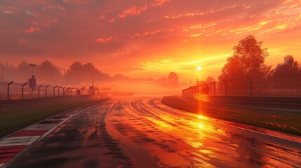 Obraz premium Wet race track with checkered flags at the start or finish line, illuminated by a stunning sunrise with fog