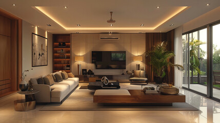 Fototapeta premium Modern living room interior with fireplace, featuring plush sofa, coffee table, and large windows