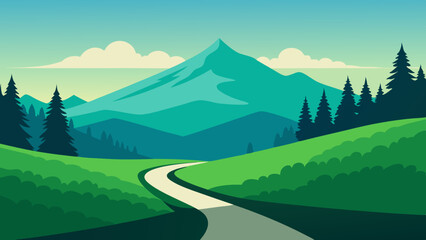 Beautiful nature landscape with green grass,  hill, trees, and footpath vector illustration 