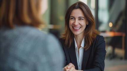 Mid aged businesswoman smiles,  shakes hands with colleague in modern office setting. Woman manager handshaking greeting client with successful deal