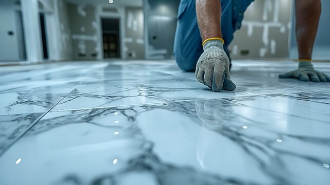Worker wearing gloves carefully lays a marble tile on a newly constructed floor. Professional home master laying tiles in bathroom , man makes repairs. Human occupation, apartment renovation