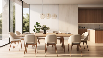 Elegant Dining Room With Wooden Table And Cream Chairs Highlighted By Natural Light And Indoor Plants
